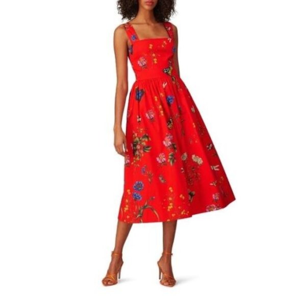 ◇$2,390 NEW OSCAR DE LA RENTA STUNNING RED FLORAL MIDI RUNWAY DRESS US 10 - Picture 4 of 12